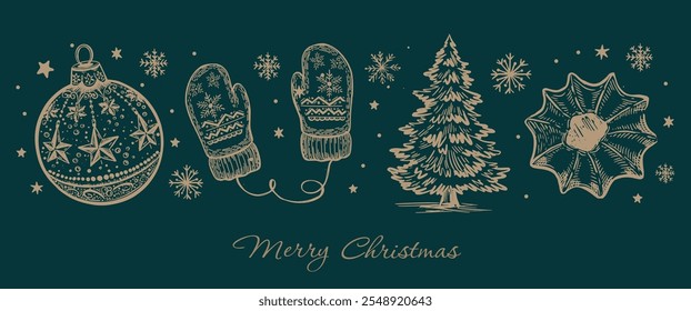 Christmas toy, ball, tree, set, Hand drawn illustration