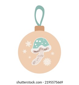 Christmas toy ball vector isolated background. Mushroom, snowflakes, ball, Christmas decoration, toy. Vector illustration in pastel colors of blue, beige. For decorating invitations, greeting cards