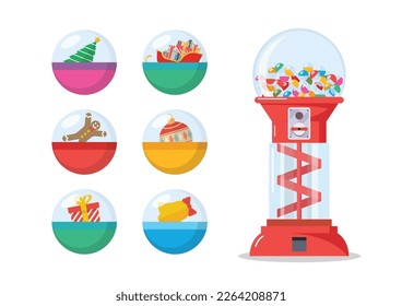 Christmas toy capsules vending machine. Toy vending machine. Gacha Gacha toy capsule. Vector illustration