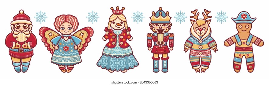 Christmas toy Christmas characters Vector illustration with vintage Christmas characters Santa Claus, Angel, Nutcracker, Snow Princess, Christmas Reindeer, Gingerbread Man,