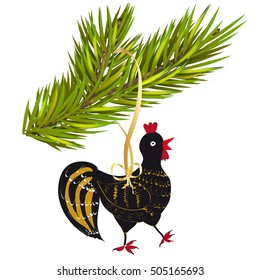 Christmas toy cock rooster on Christmas tree branch. Vector illustration.