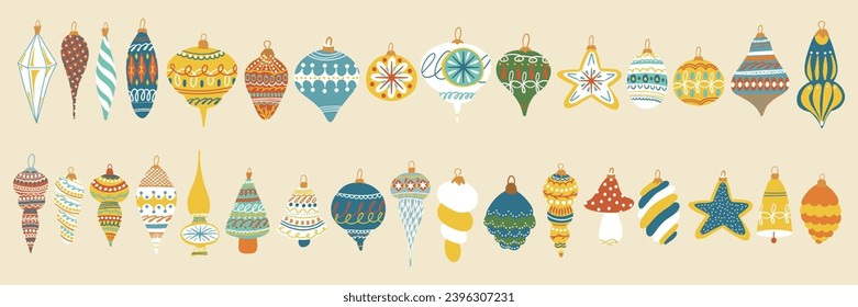 Christmas Toy Collection. Xmas Ball Retro Set. New year hand drawn toys in vintage style. Retro cute bauble. Cartoon doodle kids elements. Childish vector illustration isolated on beige background