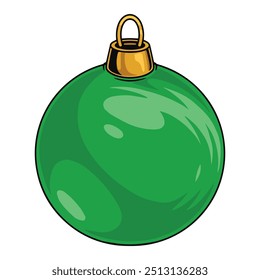 Emblema colorido de la vendimia del juguete de las Navidades con la bola verde para el árbol del año Nuevo y la decoración del departamento antes de la Ilustración vectorial del partido de Navidad