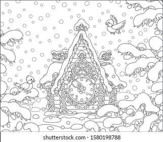 Christmas toy cuckoo-clock with a colorfully decorated log house covered with snow against a background of a winter forest, black and white vector cartoon illustration