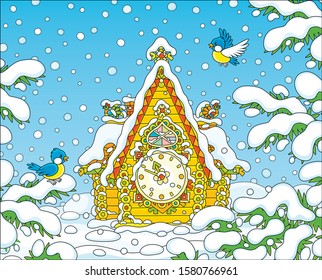 Christmas toy cuckoo-clock with a colorfully decorated log house covered with snow against a background of a winter forest, vector cartoon illustration