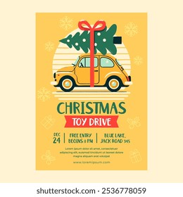 Christmas Toy Drive Flyer with Retro Car and Gift Elements