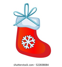 Christmas toy in the form of red boots Santa Claus with snowflake isolated on white background. Vector illustration.
