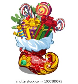 Christmas toy form of red winter sock with sweets, gifts and colorful baubles isolated on white background. Sample of poster, party holiday invitation, festive banner, card. Vector cartoon close-up.