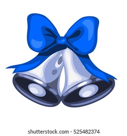 Christmas toy in the form of silver bells with blue bow isolated on white background. Vector illustration.