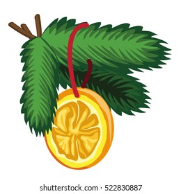 Christmas toy in the form of a slice of orange hanging on a fir branch isolated on white background. Vector illustration.
