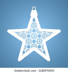 Christmas toy with geometric pattern. Laser Cutting template for greeting cards, envelopes, invitations, interior elements. Vector xmas paper cutting ornamental panel. Die cut card.
