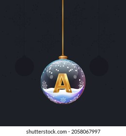 Christmas toy glass ball with a golden 3D letter B inside. New year tree decoration. Element for design banner, card or any advertising