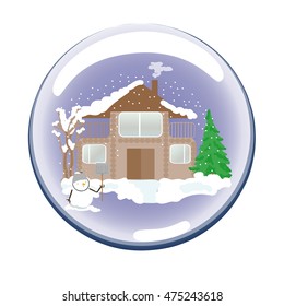 Christmas toy glass ball with a house, tree and snowman.