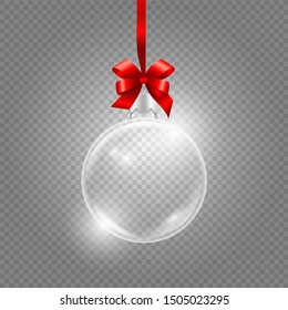 Christmas toy. Glass globe with red silk ribbon. Realistic vector glass ball isolated on transparent background