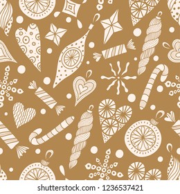 Christmas toy. Gold seamless Christmas pattern.