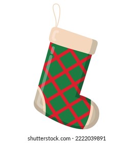 Christmas toy green sock in red plaid for Christmas gifts on a string.