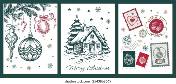 Christmas toy, house, tree, set, Hand drawn illustration