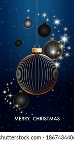 Christmas toy. Merry Christmas and Happy New Year 2021. Mobile phone screensaver design. Blue background with realistic festive decorative black balls and gold stripes. Invitations, greeting cards