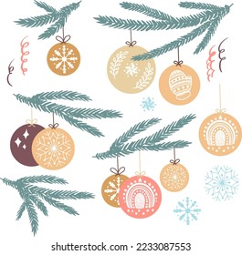 Christmas Toy on Pine Branches Cute Childish Vector Set