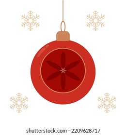 Christmas toy - red ball with gold elements, scalable vector illustration, for screen or print design for card, banner, greeting card