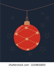 Christmas toy - red ball with gold elements, scalable vector illustration, for screen or print design for card, banner, greeting card
