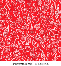 Christmas toy red seamless pattern. Hand drawn doodle christmas toys background. Retro holiday wraping paper. Vector monochrome pattern. Abstract vintage print for fabric, packaging, wraping.