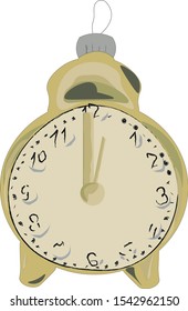 Christmas toy retro. yellow clock soviet union. old decorations for the new year. glass clock on a string. Vintage toy from childhood. hand-painted toys in the factory. printing on fabric. historical.