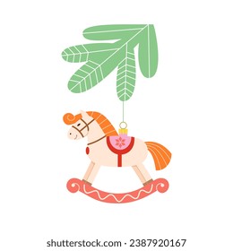 Christmas toy rocking horse on string hangs on spruce branch. Cute vector winter illustration on white isolated background.