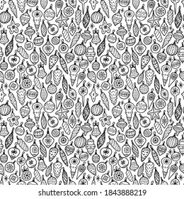 Christmas toy seamless pattern. Hand drawn doodle christmas toys background. Retro holiday wraping paper. Vector monochrome pattern. Abstract vintage print for fabric, packaging, wraping.