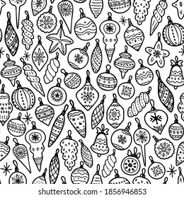 Christmas toy seamless pattern. Hand drawn doodle christmas toys background. Retro holiday wraping paper. Vector monochrome pattern. Abstract vintage print for fabric, packaging, wraping.