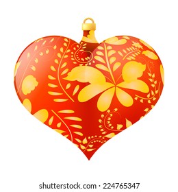 Christmas toy in the shape of a red heart with golden floral ornament. Christmas. Valentine's day. Vector illustration.