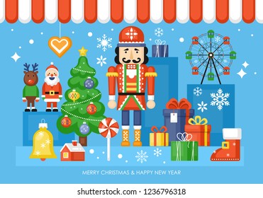 Christmas Toy Shop Concept With Nutcracker And Gift Boxes. Vector Illustration