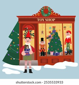 Christmas Toy shop cute facade. Decorated and illuminated cozy showcase. Vintage Christmas toy store for greetings cards. Toy shop concept with nutcracker, gift boxes, Christmas tree and cartoon Elf