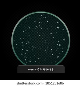 Christmas toy sphere template with snow on black tranparent background. Holiday ball with message