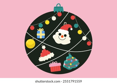 Christmas toy with christmas toys pattern. Isolated flat vector illustration.