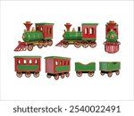 christmas toy train parts in different views. realistic 3d train elements. isolated locomotive and steam train carriages