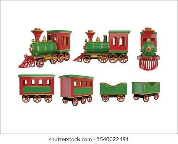 christmas toy train parts in different views. realistic 3d train elements. isolated locomotive and steam train carriages