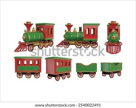 christmas toy train parts in different views. realistic 3d train elements. isolated locomotive and steam train carriages