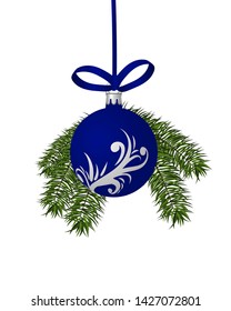 Christmas toy and christmas tree branch. Vector design of Christmas and new year card in realistic style