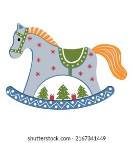Christmas toy for the Christmas tree rocking horse in vintage style with a symbol of the New Year. Vector illustration isolated on a white background.