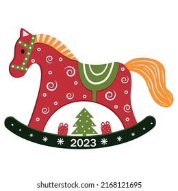 Christmas toy for the Christmas tree rocking horse in vintage style with a symbol of the New Year. Vector illustration isolated on a white background.