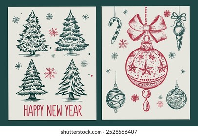 Navidades de juguete, árbol, conjunto, ilustración dibujada a mano	