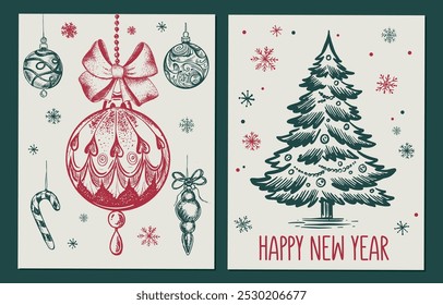 Navidades de juguete, árbol, conjunto, ilustración dibujada a mano	