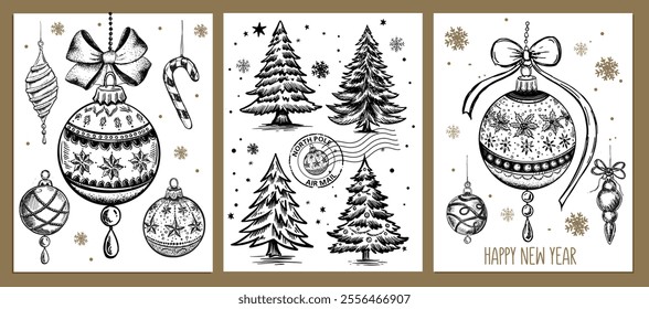 Christmas toy, tree, star, set, Hand drawn illustration