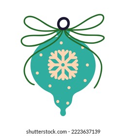 Christmas toy vector icon. Bright glass ball with a snowflake, a bow, a clip for hanging. Festive bauble isolated on white. Simple doodle, flat cartoon illustration. Clipart for cards, posters, prints