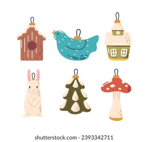Christmas Toys Adorned With Vibrant Colors, Glitter And Loops For Hanging. Pine Tree, Bird And House, Hare Or Mushroom