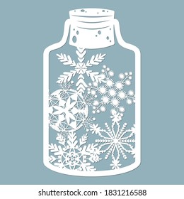 Christmas toys, balloons in the trees in a glass jar. With snowflakes. Laser cut. Vector illustration. Pattern for the laser cut, serigraphy, plotter and screen printing.