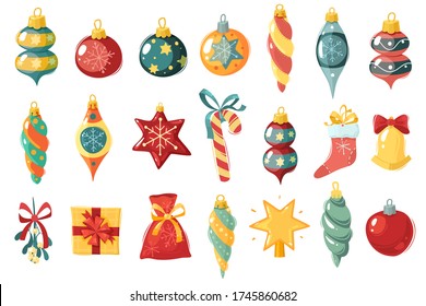 Christmas toys and balls. Different shapes new year decorations. Cartoon style icons set. Vector illustration