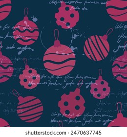 Christmas toys, balls retro seamless pattern doodle decoration. Illegible text