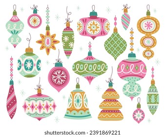 Christmas toys and balls for traditional fir tree decoration on winter holidays isolated set vector illustration. Collection of beautiful vintage festive colorful xmas ornaments and baubles